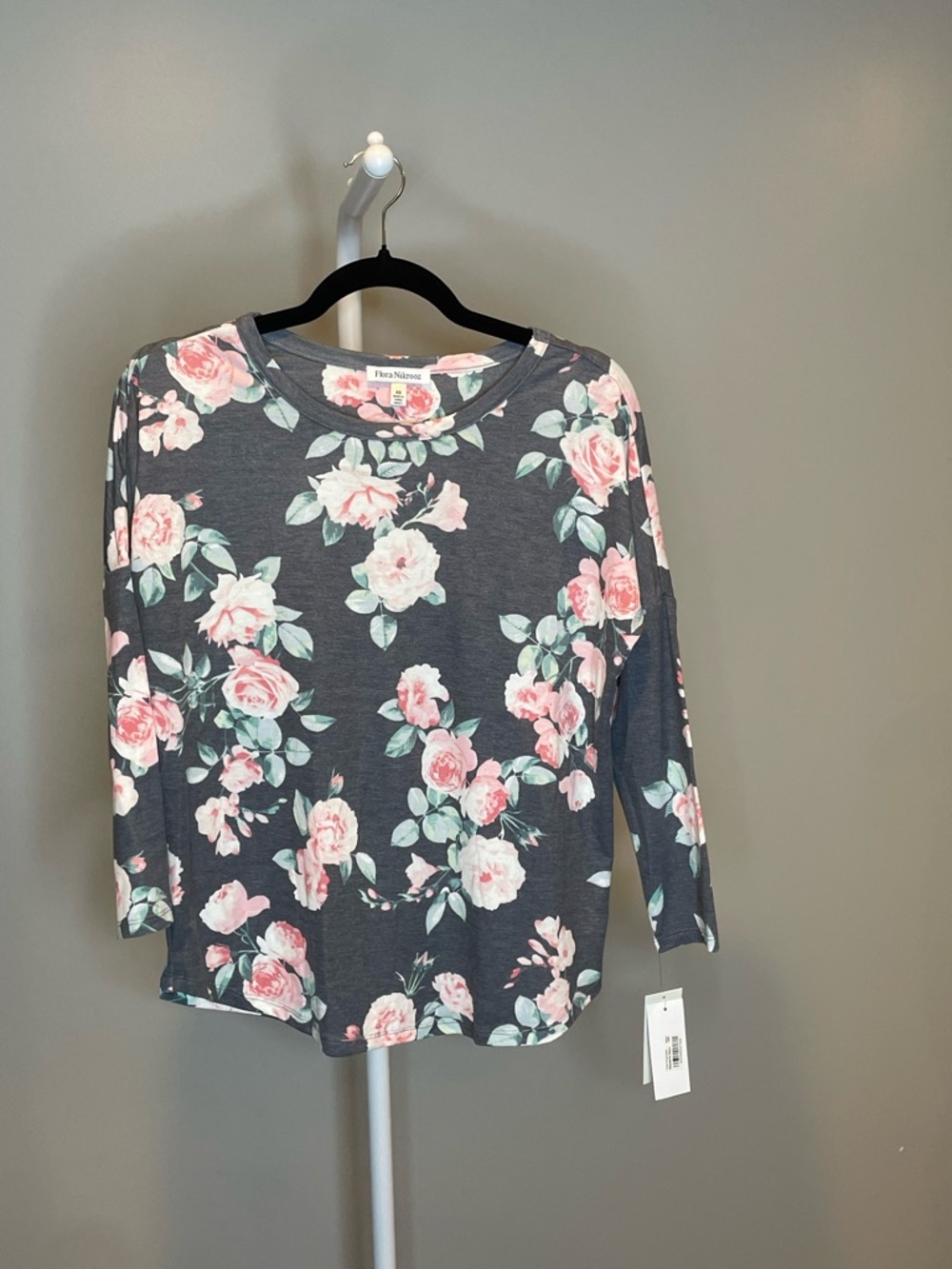 Flora Nikrooz Charcoal and Pink Floral Long Sleeve Pajama Set XS